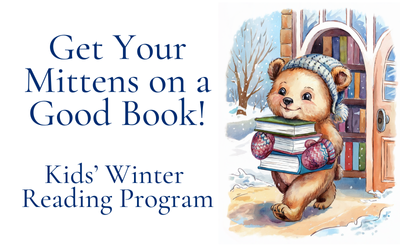 Winter Reading Program for kids.  Cartoon bear carrying a stack of books