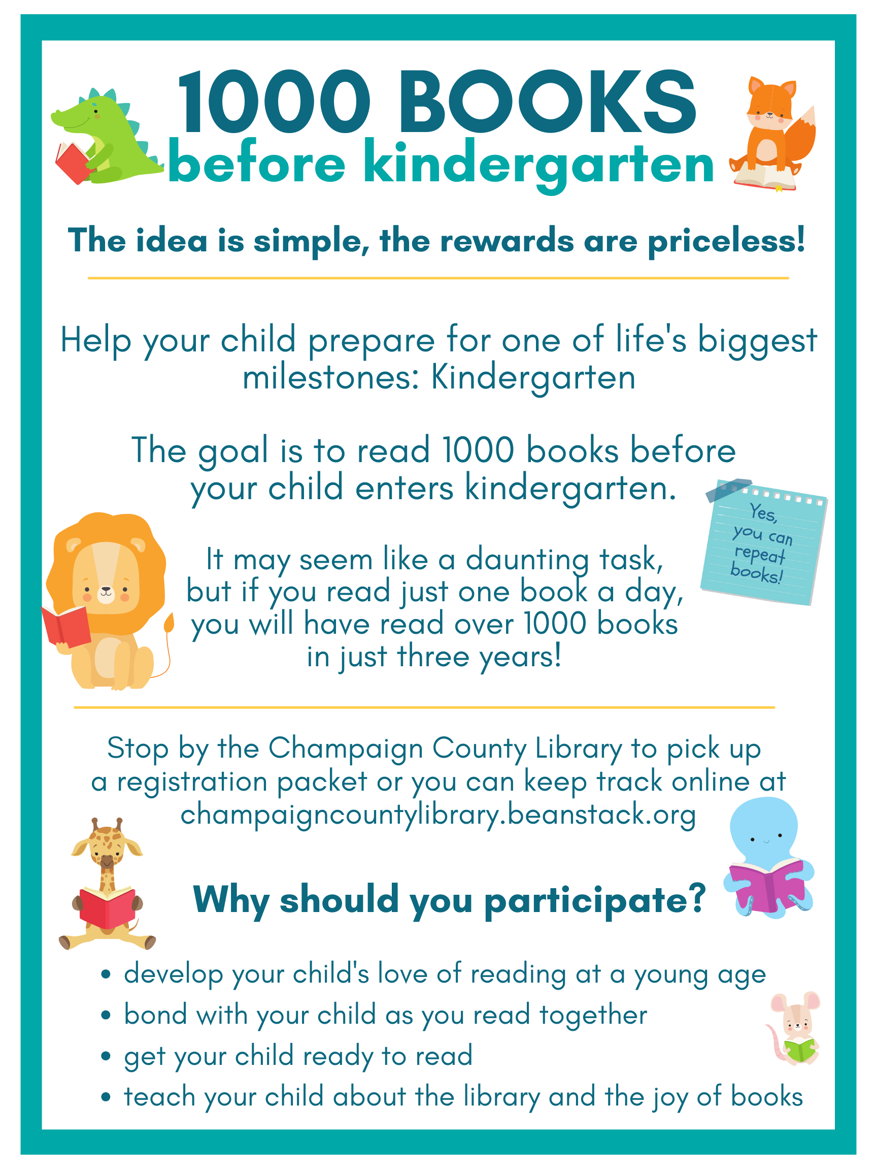 information about 1000 books before kindergarten with cute animals reading