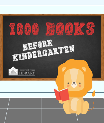 1000 books before kindergarten with a cartoon lion reading a book