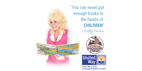 dolly parton holding a children's book text: you can never put enough books in the hands of children