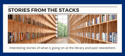 photo of books shelves in a bright library with text Stories from the Stacks